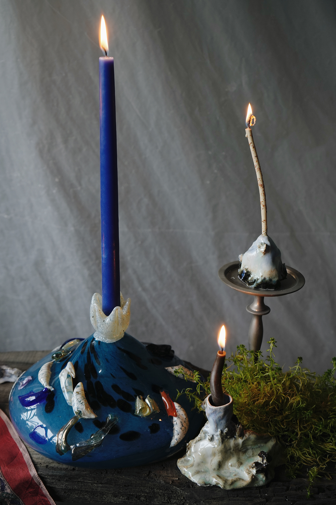 "Flower bud in cerulean" blown-glass candelabra