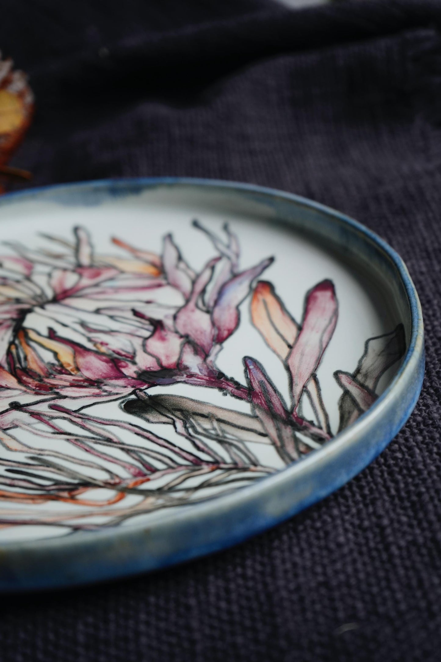 Protea handmade ceramic plate, botanical tableware gift for her, porcelain dish with flowers, serving plate, handmade gift