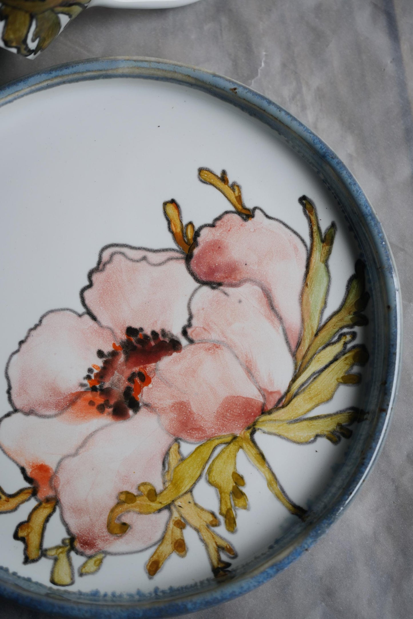 Porcelain plate and cup with anemona flower, handmade plate for salad, handpainted dinner plates, cute plate, colorful plate
