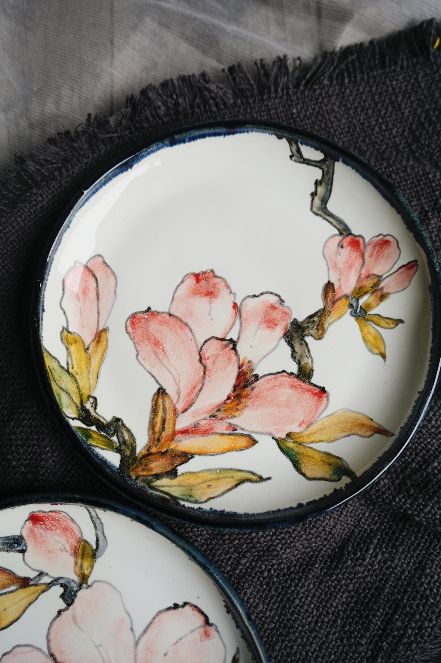 Magnolia-Inspired Wedding Cake Serving Set, Hand-Painted Porcelain Plates and Bowls, Personalized Biosafe Dinnerware Set