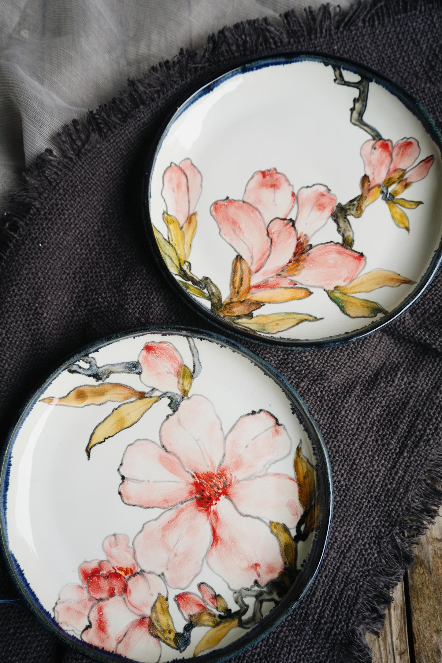 Magnolia-Inspired Wedding Cake Serving Set, Hand-Painted Porcelain Plates and Bowls, Personalized Biosafe Dinnerware Set