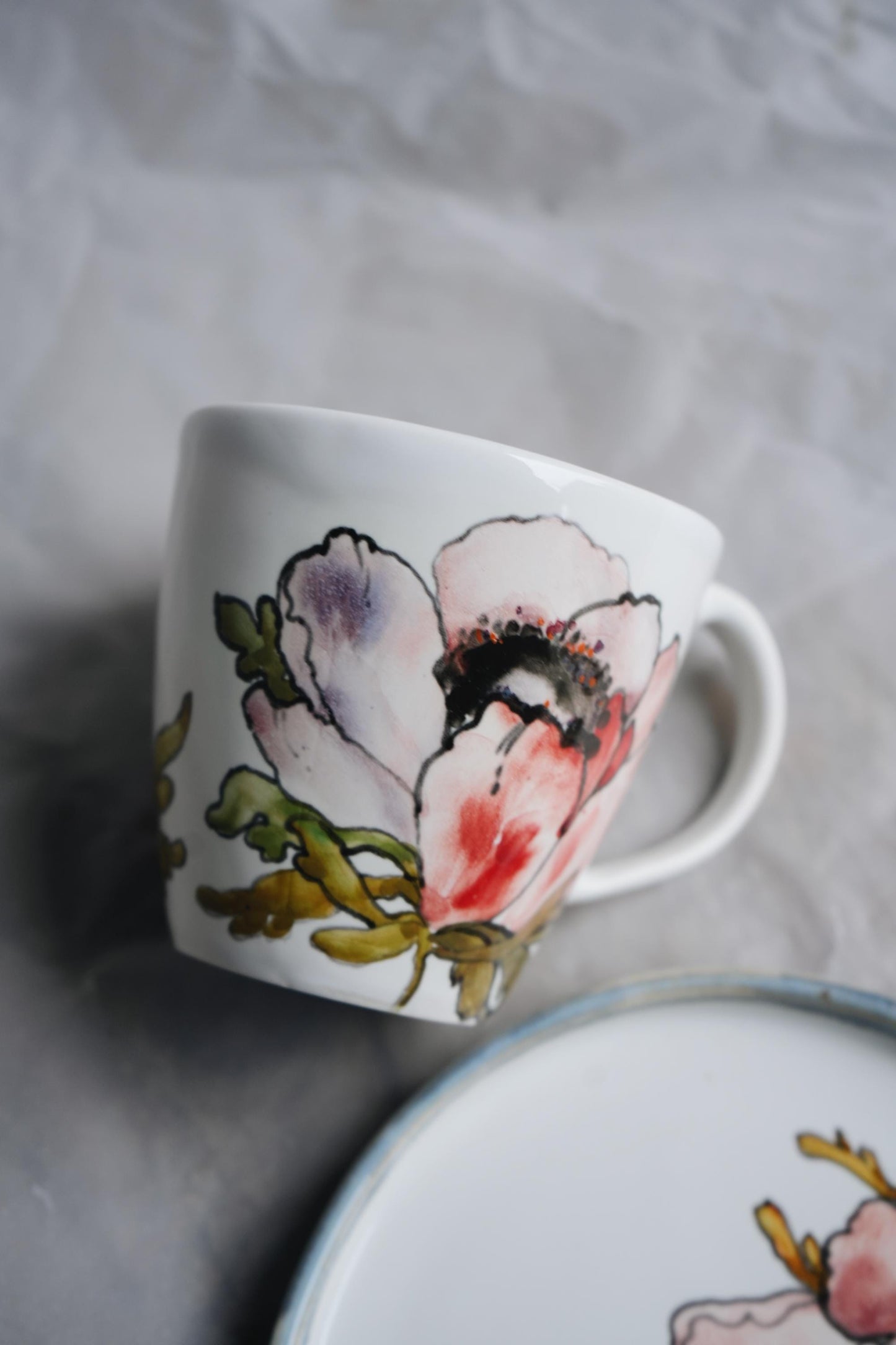 Porcelain plate and cup with anemona flower, handmade plate for salad, handpainted dinner plates, cute plate, colorful plate