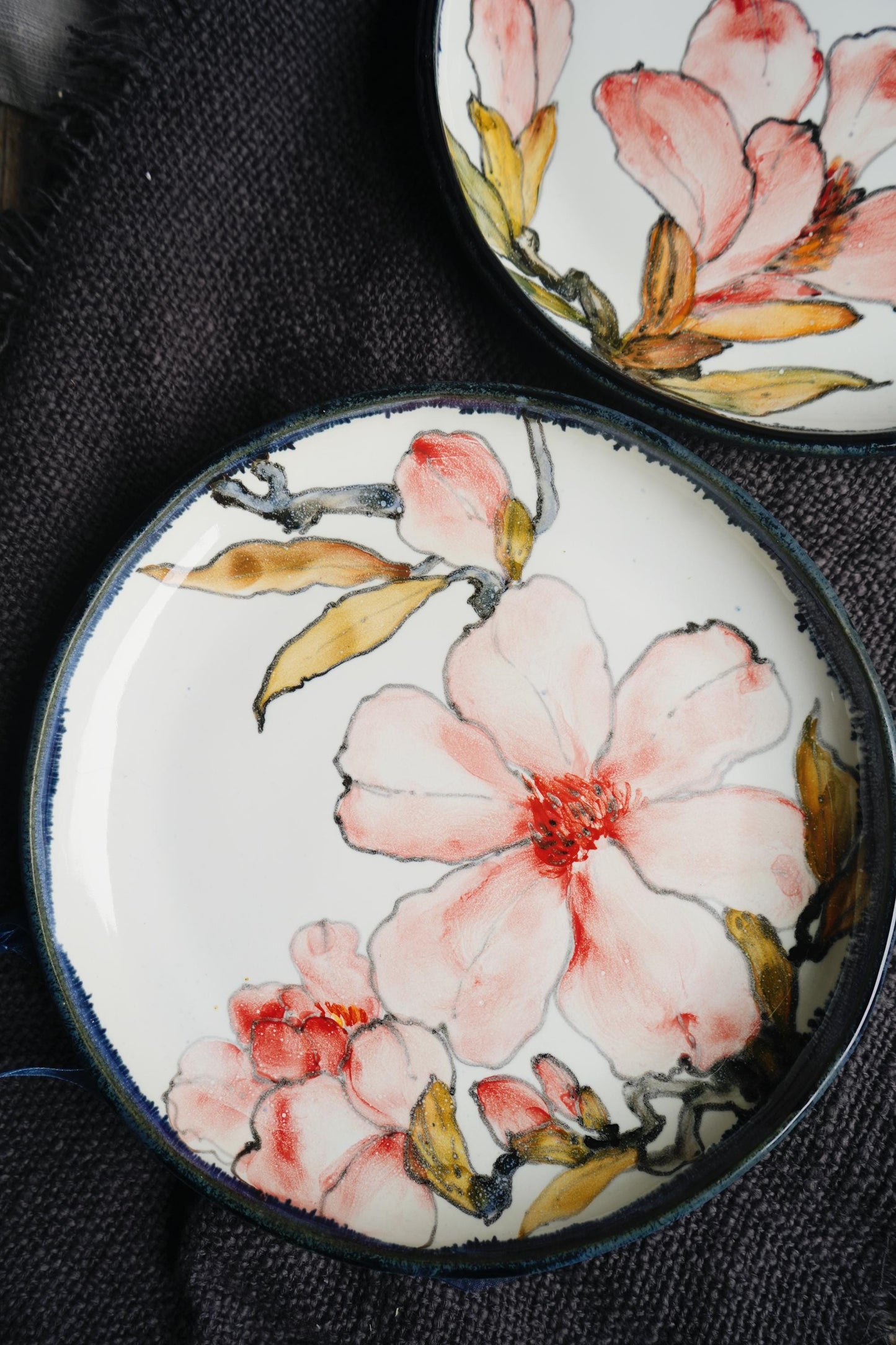 Magnolia-Inspired Wedding Cake Serving Set, Hand-Painted Porcelain Plates and Bowls, Personalized Biosafe Dinnerware Set