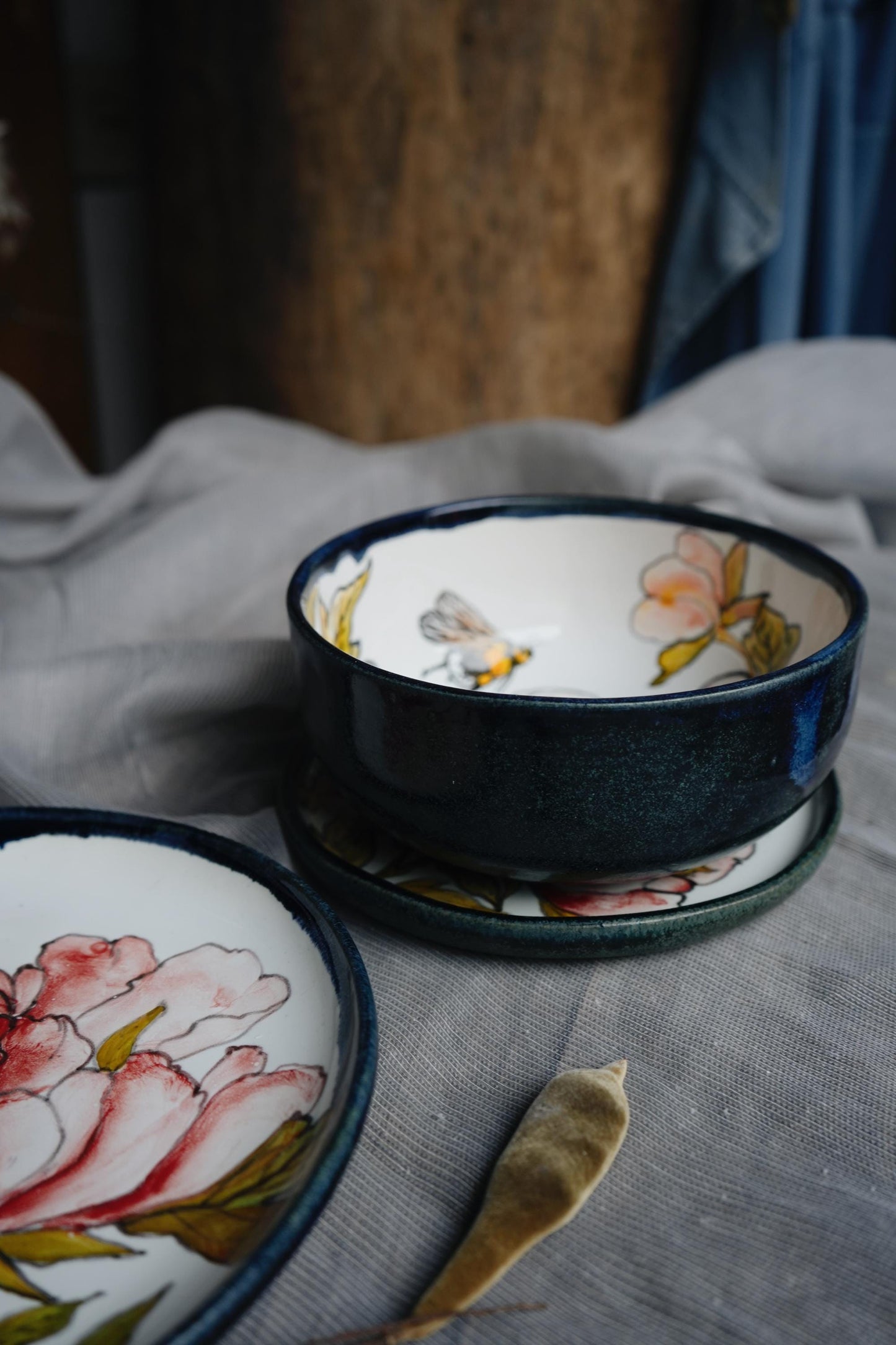 Magnolia-Inspired Wedding Cake Serving Set, Hand-Painted Porcelain Plates and Bowls, Personalized Biosafe Dinnerware Set