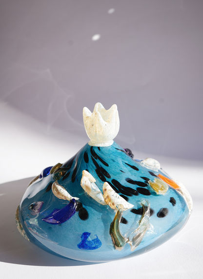 "Flower bud in cerulean" blown-glass candelabra