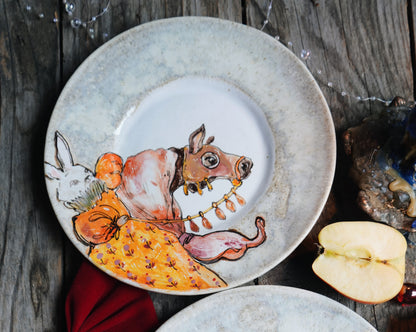 "Fairy animals. Bunny on a horse" porcelain hand-painted plate