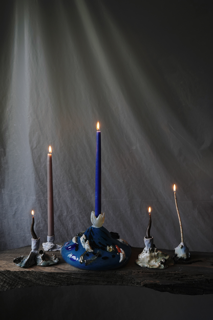 "Flower bud in cerulean" blown-glass candelabra