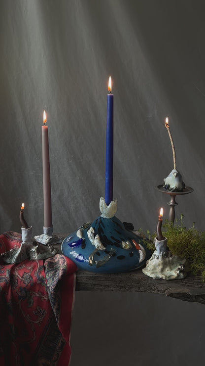 "Flower bud in cerulean" blown-glass candelabra