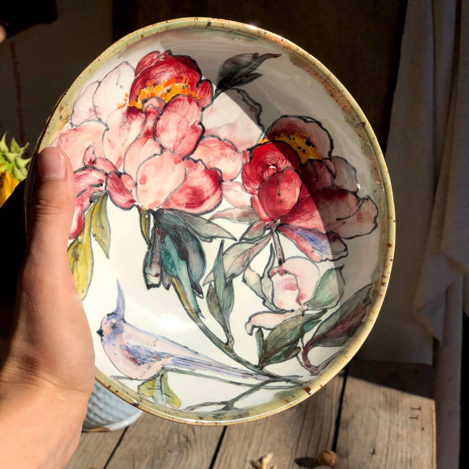 Bird on peony bowl