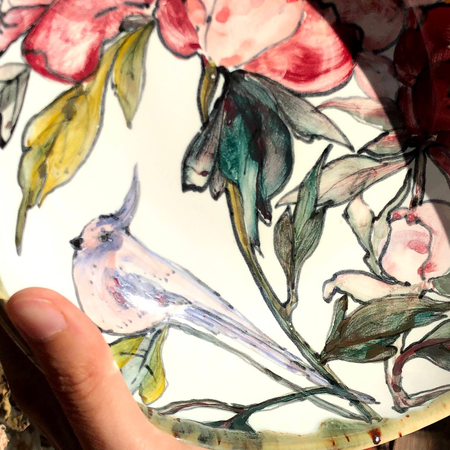 Bird on peony bowl