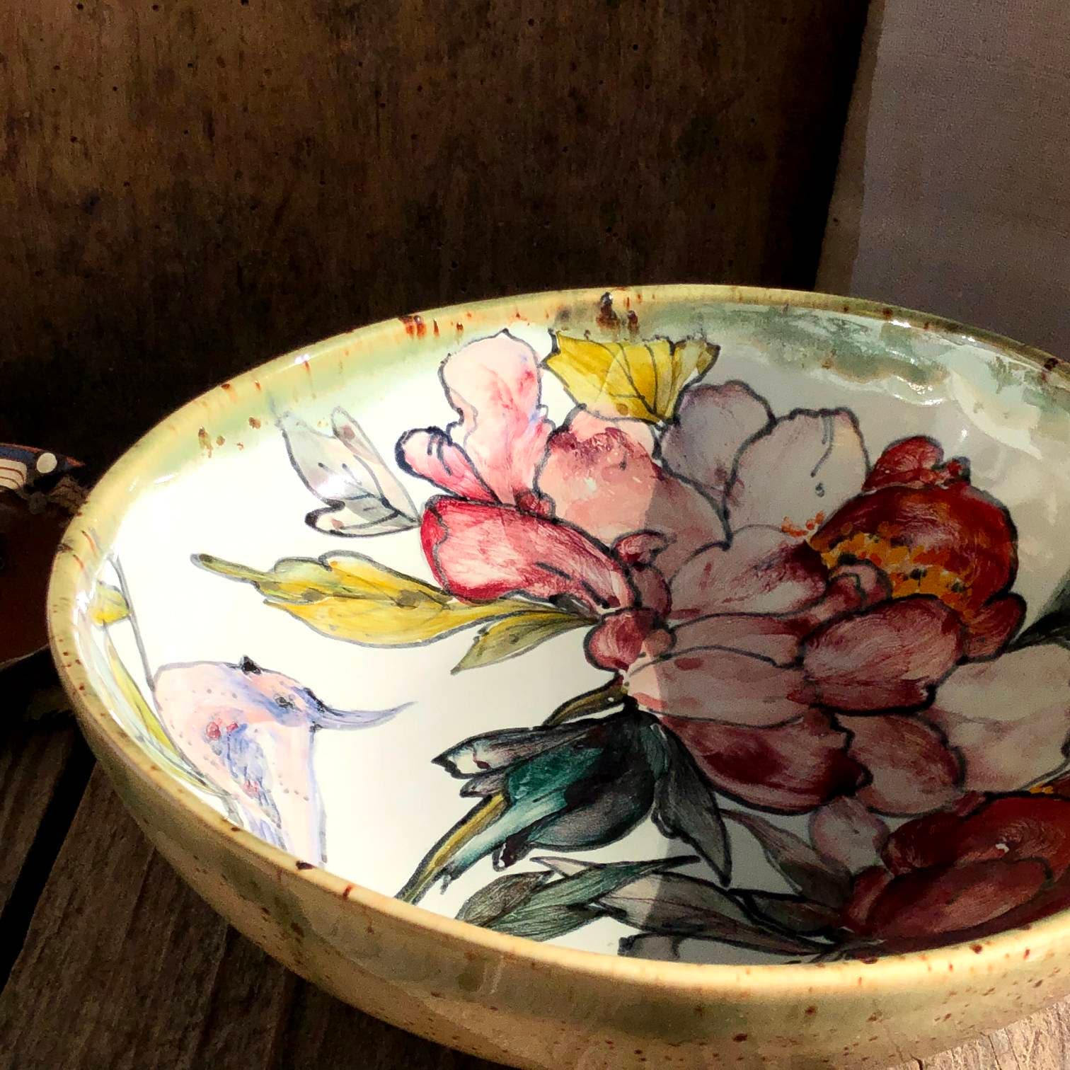 Bird on peony bowl